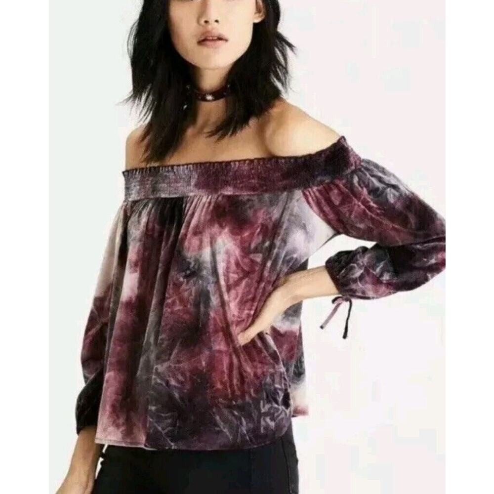 American Eagle Outfitters Size L Off-Shoulder Floral Tie Dye Velvet Crop Top Y2K